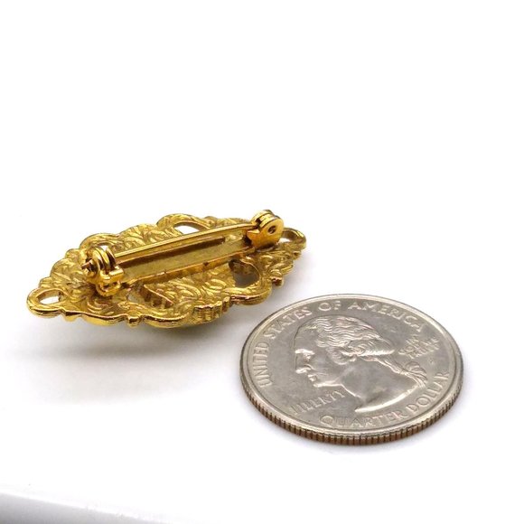 Vintage 1928 Brooch, Small Gold Tone Bar Pin with Faux Pearl Cabochons, Elegant - Picture 3 of 3